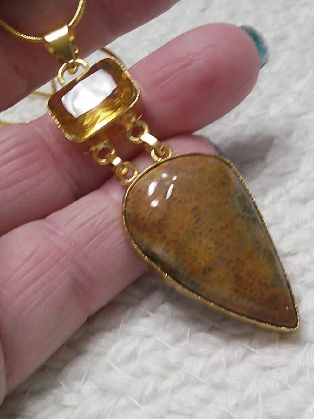 Gorgeous FOSSIL CORAL & CITRINE Handmade Gold Plated Pendant/Chain #993E